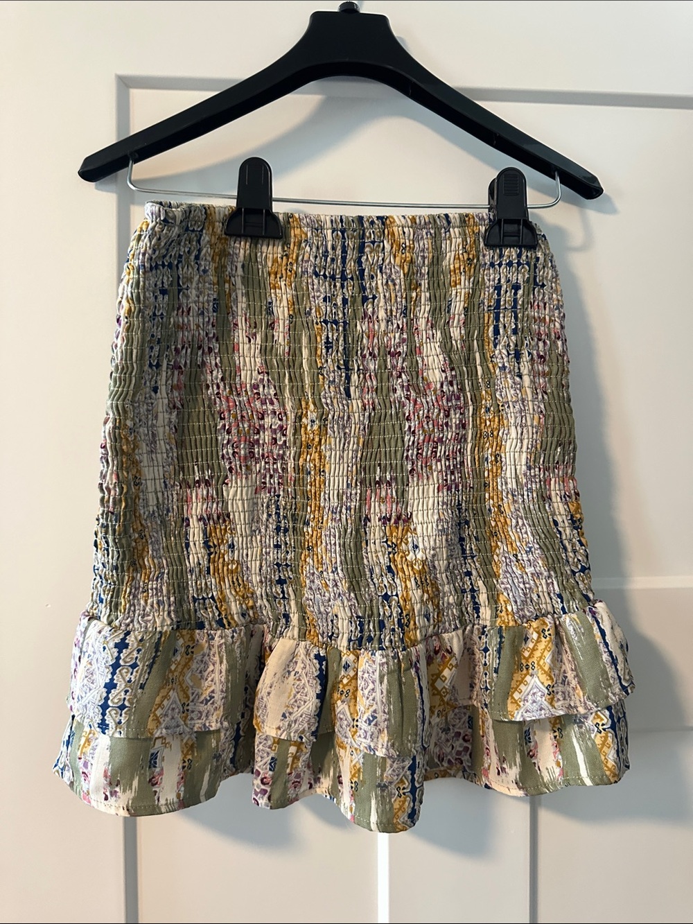 Floral Smocked Ruffle Mini Skirt in Olive Multi